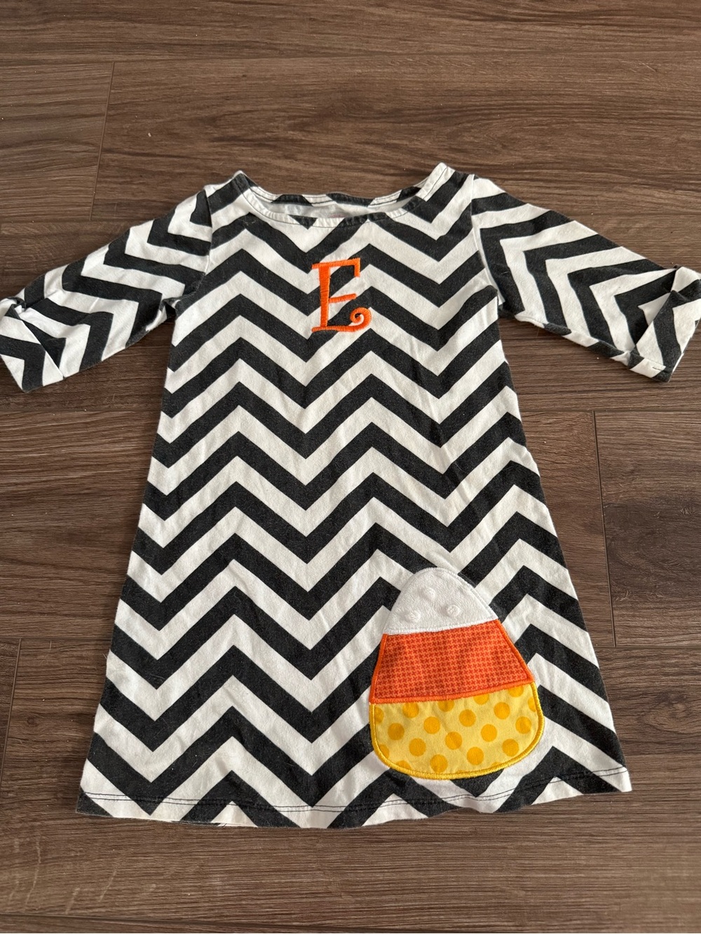 Girls Black & White Chevron Dress with Orange E & Candy Corn Appliqué - 4/5